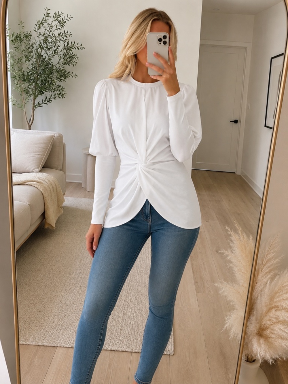 NWT White Puff Sleeve Twisted Front Top Medium